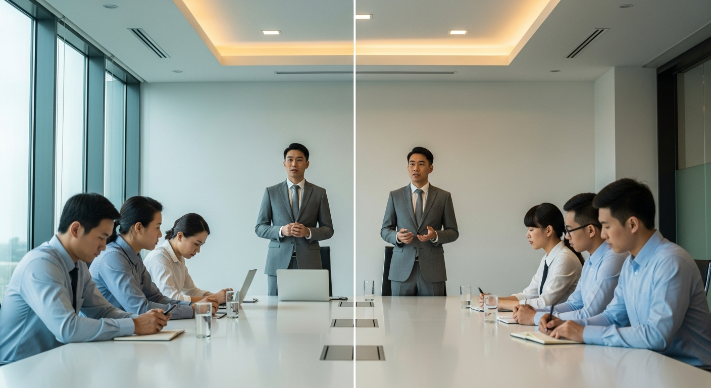 跨國會議發言對比：左側聽眾分心、右側聽眾專注，呈現英文論述結構對說服力的關鍵差異