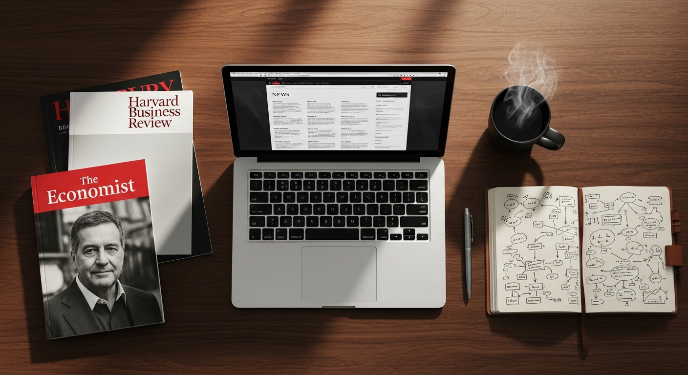 進階英文學習者書桌：The Economist、HBR、MacBook 與手繪論述框架筆記，象徵高階英文思辨表達需要真實議題練習