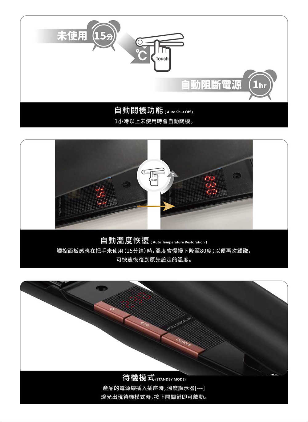 觸控面板感應在把手未使用 15分鐘時,溫度會慢慢下降至80度以便再次觸碰,