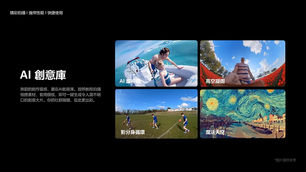 精彩拍攝強悍性能快捷使用 創意庫無窮的創作靈感,盡在創意庫按照教程拍攝相應素材,套用模板,即可一生成令人不絕口的創意大片你的社群媒體,從此更出彩。AI 高空凝固影分身循環魔法天空*圖片僅供參考